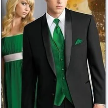 Черные свадебные костюмы для мужчин высокого качества, черный костюм жениха с зеленым жилетом, мужской костюм на заказ