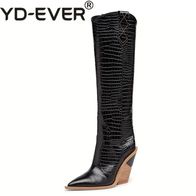 

YD-EVER Sexy Embossed Microfiber Leather Women Boots Western Cowboy High Boots Chunky High Heels Knee High Boots Shoes Woman