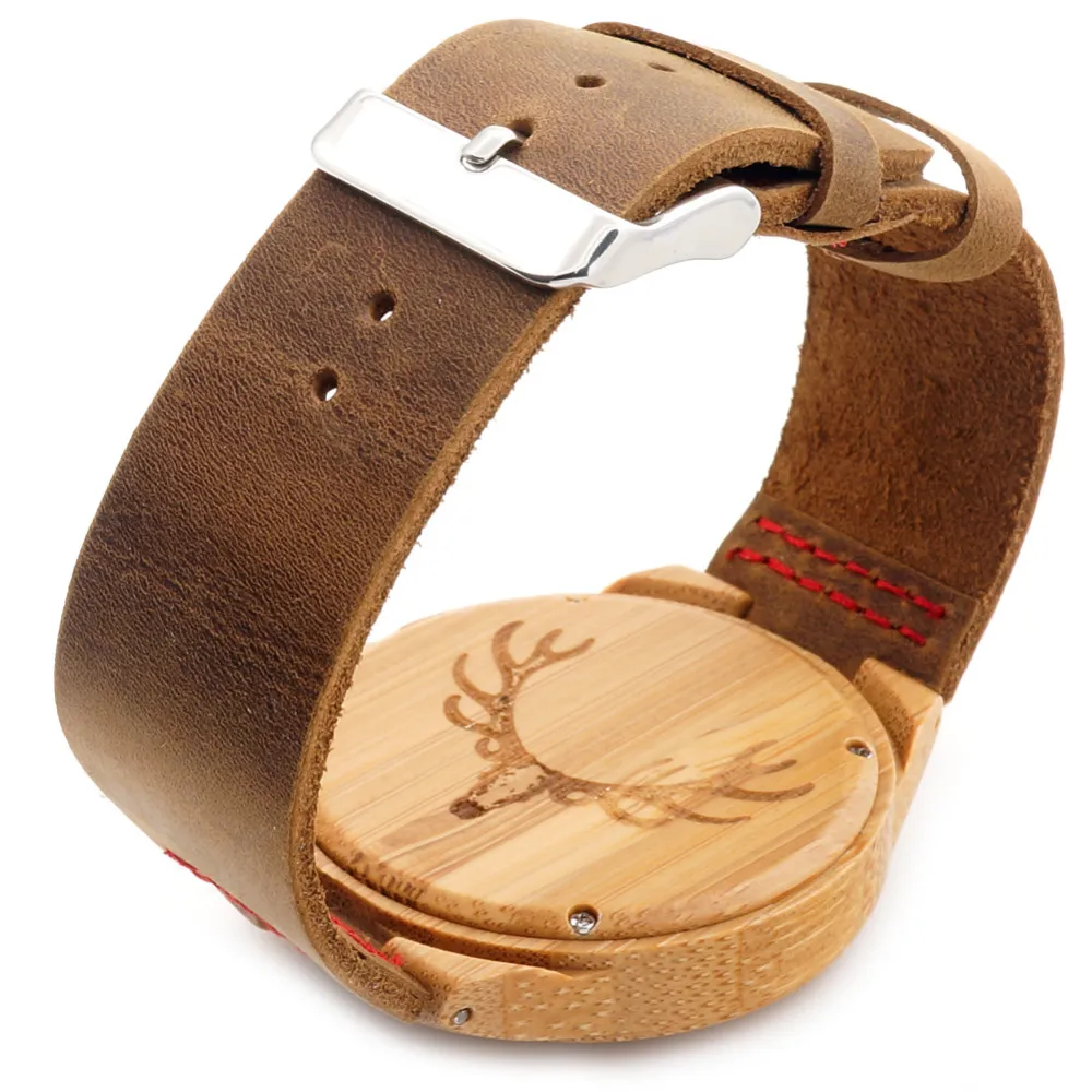 BOBO BIRD Engraved Wolf Head Wooden Wristwatch Fine Jewelry Quartz Watches for Men with Red Stitch Leather Strap in Gift Box