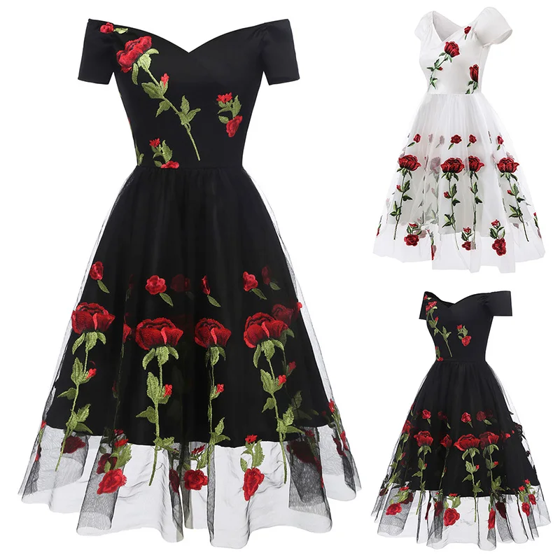 Для женщин вышивка цветами Сетчатое платье 1950 s винтажное свободное платье с открытыми плечами с короткими рукавами ТРАПЕЦИЕВИДНОЕ вечернее платье женские платья