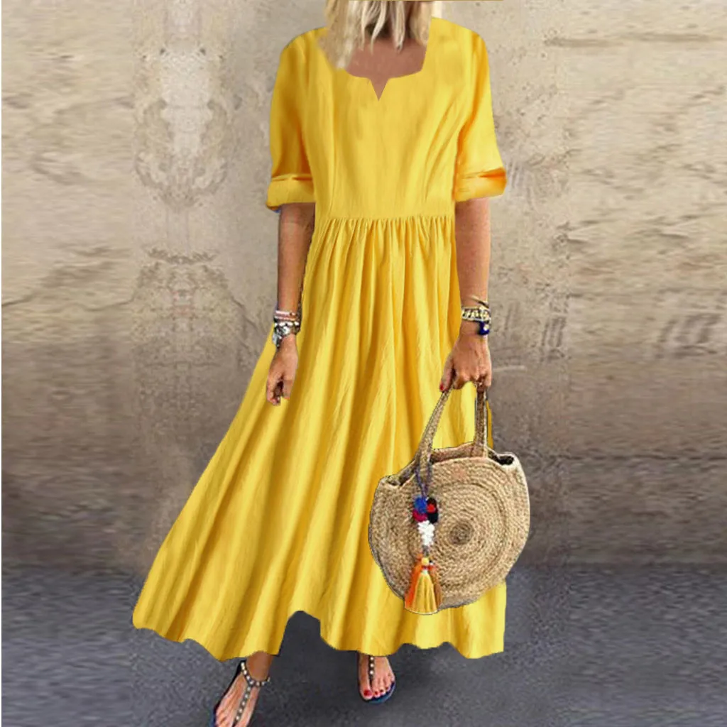 

Womens Summer Long SleeveDress Loose A-line Party Solid Dress Tunic Sundress Loose Mini Party Dress Vestidos Plus Size 7.10