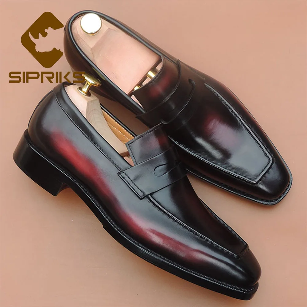 US $250.29 Sipriks Mens Genuine Calfskin Shiny Loafers Red Black Penny Loafer Italian Handmade Goodyear Welted Dress Shoes Slip On Footwear