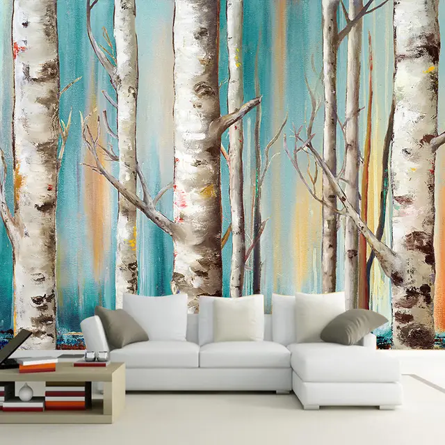 Custom Wall Cloth White Birch Trees Abstract Art Oil Painting