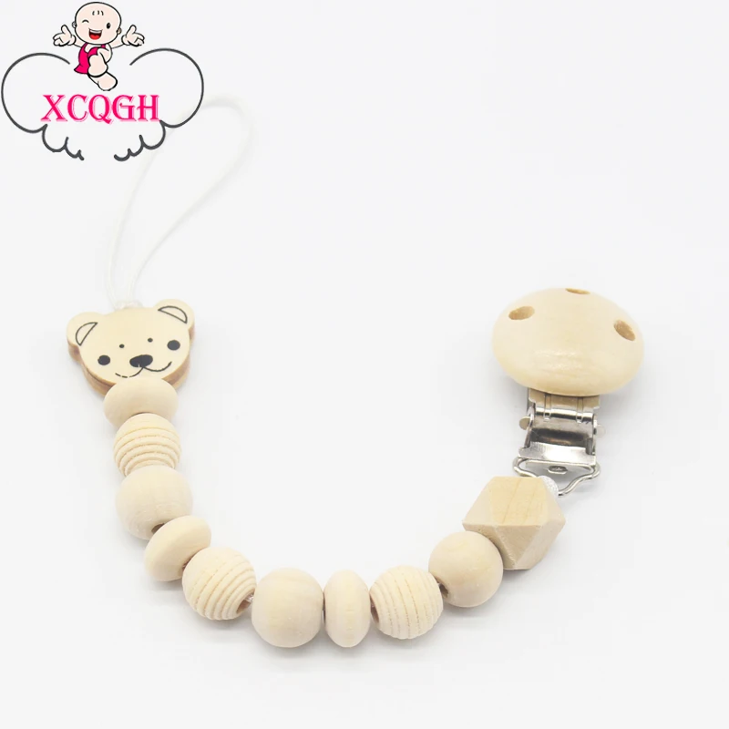 XCQGH Newborn Pacifier Nipple Holder Clip Baby Attache Sucette Cute Wooden Bear Round Beads Teether Soother Strap Chain