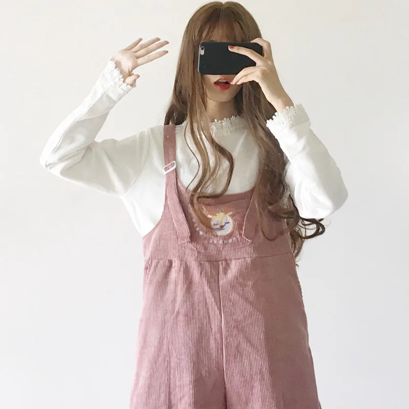 Japan Style Soft Girl Kawaii Lolita Wide Leg Jumpsuit Ankle Length Casual Loose Cartoon Embroidery Corduroy Suspenders Overalls