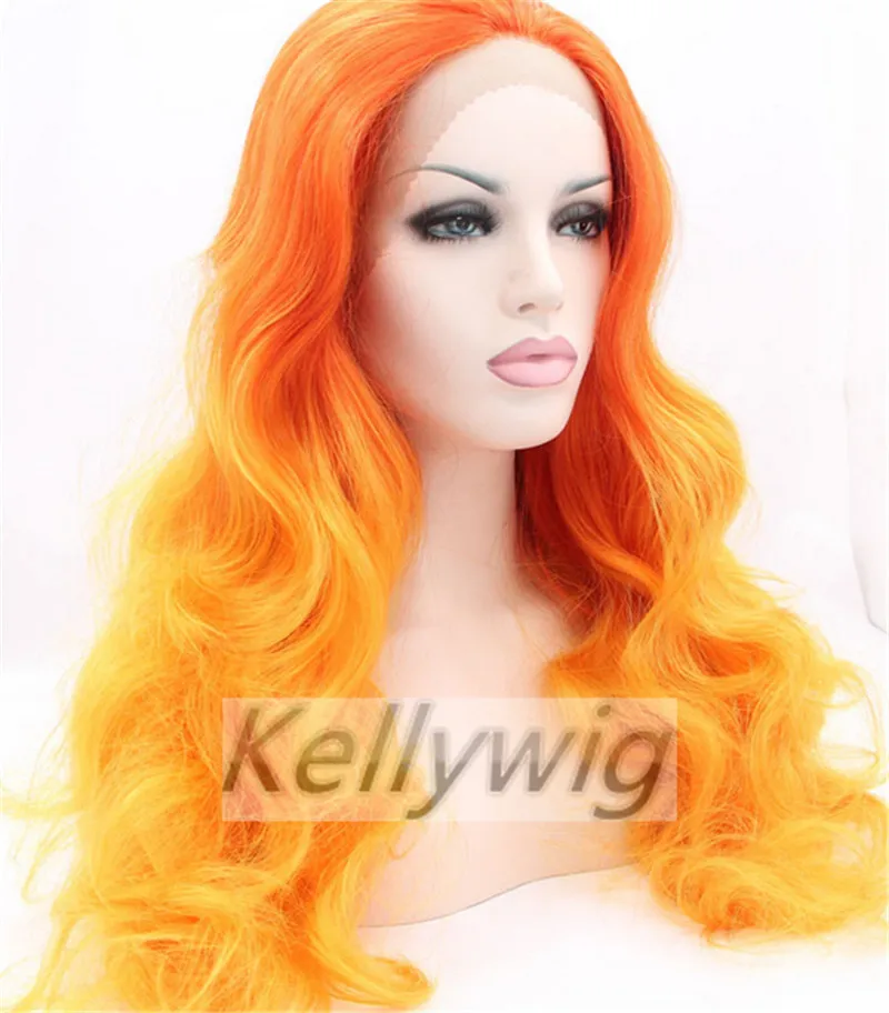 

Free Ship Glueless Lace Front Wig Length 16"-28" Wavy Ombre Color Orange  Heat Resistant Hair Full Wig Synthetic Hair