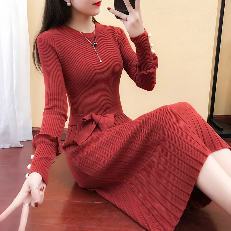 

Vangull Women Thick Knit Dress 2019 Autumn Winter Casual Elegant Long sleeve O Neck Sweater Dress Female Slim A-line Basic Dress