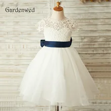 Платье с цветочным узором для девочек изящный кружевной топ, синий пояс, ТРАПЕЦИЕВИДНОЕ платье цвета слоновой кости из тюли для причастия, вечерние платья для малышей Детское платье для выпускного вечера