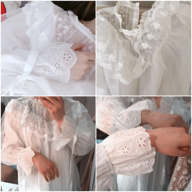 Женская ночная рубашка в викторианском стиле с длинным рукавом, винтажная белая однотонная кружевная ночная рубашка размера плюс, ночное белье, платье размера плюс T26
