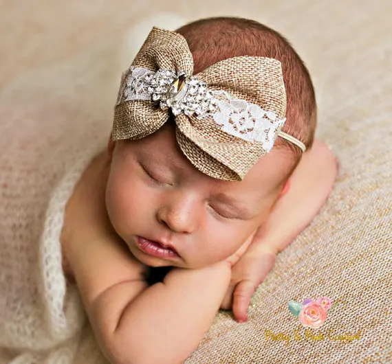 big linen bow rhinestone headband newborn photography photo shoot