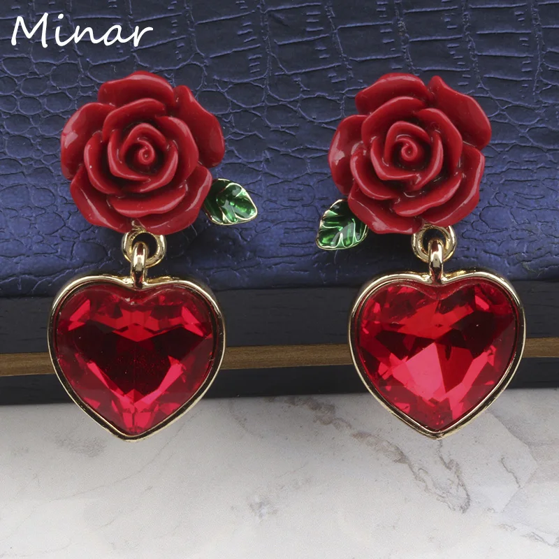 

Red Heart Crystal Drop Earrings For Woman Rose Flower Green Leaf Vintage Earrings Wedding Earrings bridal Fashion Jewelry 2019