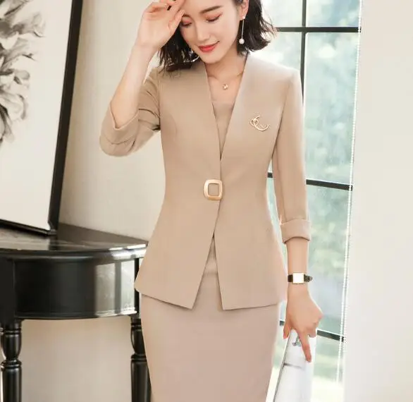 

2019 Autumn Women A dress with skirt elegant Half Sleeve White black blazer and skirt suit business workwear plus size