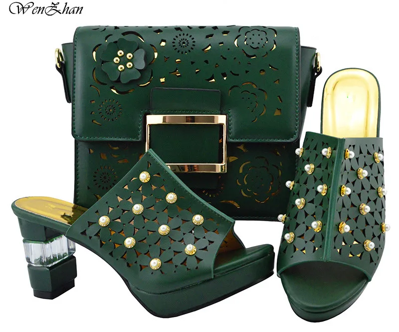 

New Arrival Deep Green Soft Shoes And Bag Set Italian Summer High Heels Shoes And Bags Set For Women PU With Pearls B87-13
