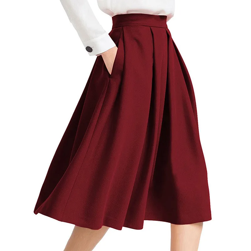 

Ladies 2018 Fashion Knee length skirt Women Solid color High waist Pleated Plus Size Summer Spring Elegant Skirt Office wear