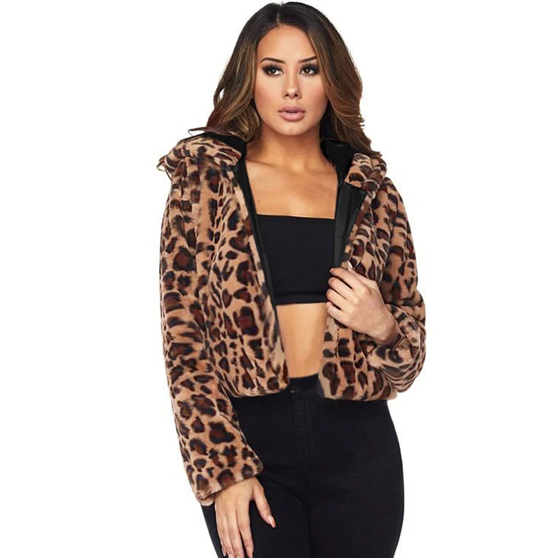 Пальто размера плюс, зимняя модная леопардовая куртка, Женское пальто из искусственного меха с капюшоном, Abrigo, Леопардовый принт, длинный рукав, повседневный укороченный женский топ