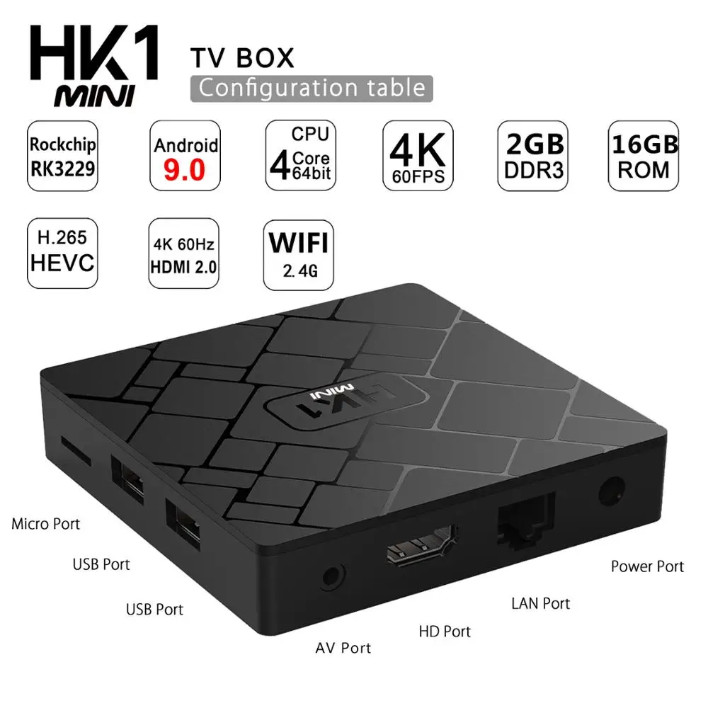 

HK1 MINI Android 9.0 Smart TV BOX Rockchip RK3229 Quad core 2GB Ram 16G Rom H.265 4K Media Player TV Sep-Top Box PK X96 MINI