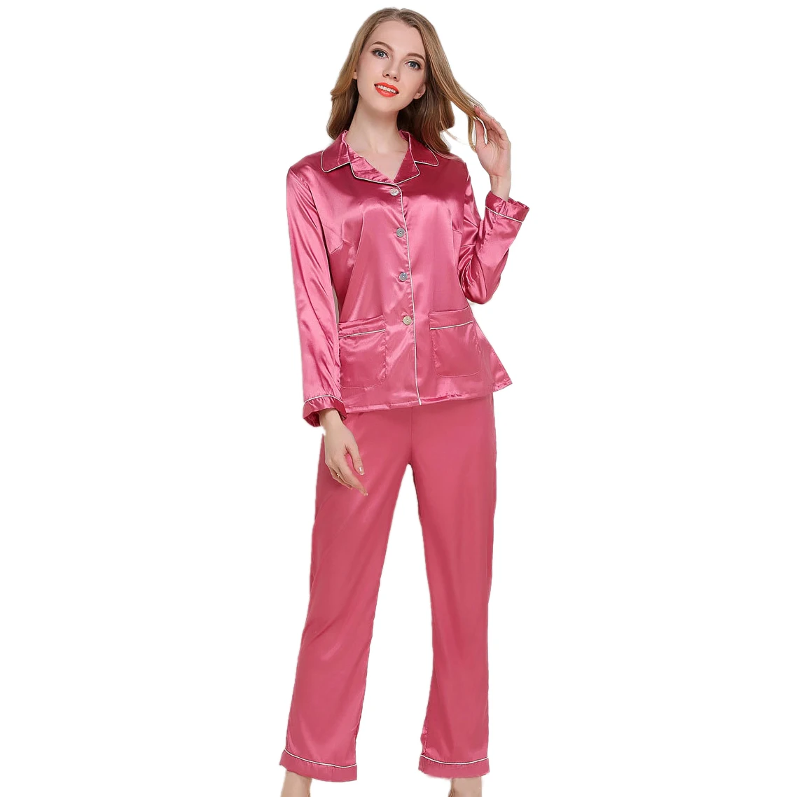 Женская Осенняя Шелковая пижама с длинными рукавами, брюки, комплект с отложным воротником, шелковая Домашняя одежда, эластичное белье с карманом - Цвет: Wine Red
