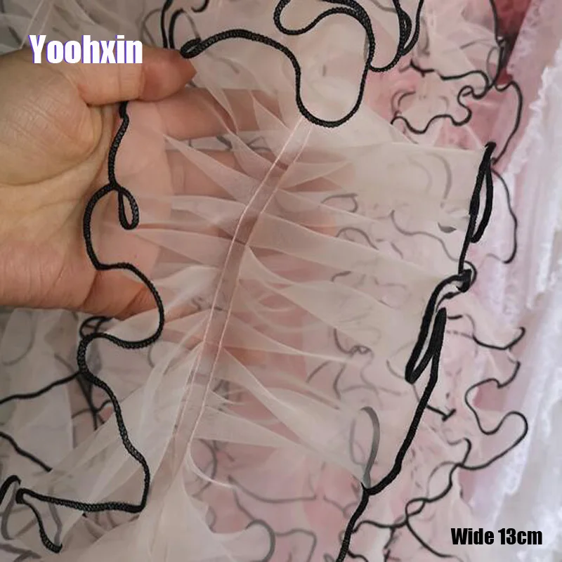 

13CM Wide Pink 3D Tulle Lace Lotus Leaf Pleated Lace Ribbon Skirt Toy for Dolls Lace Collar Neckline Border with Embroidery