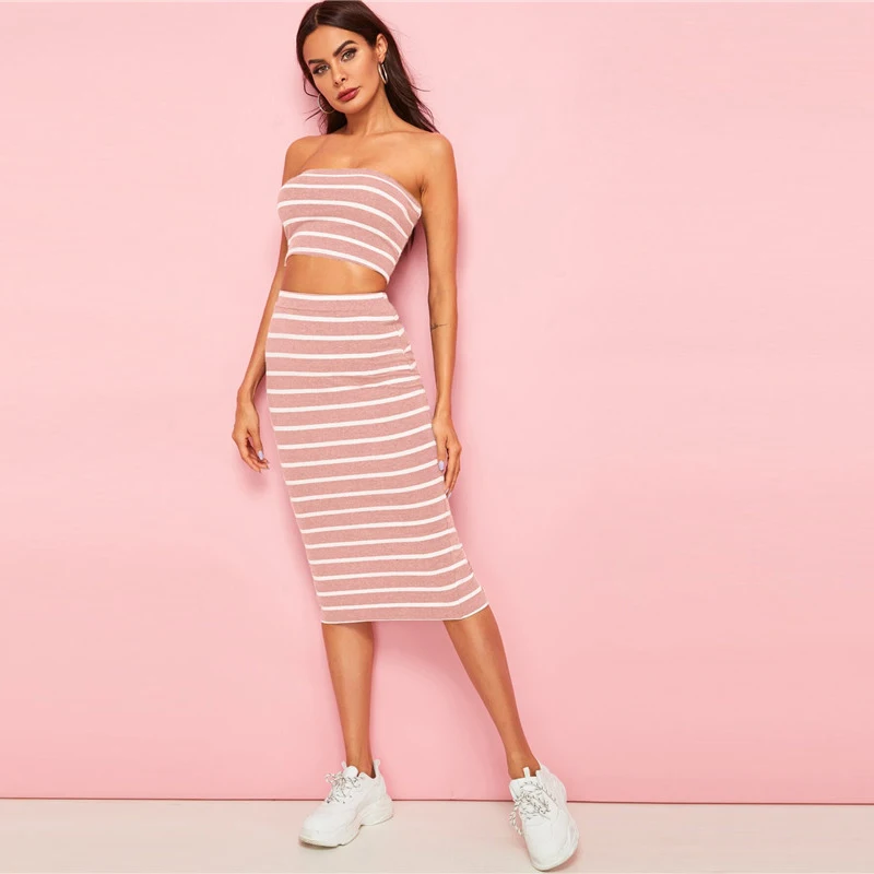 SHEIN сексуальный полосатый бандо укороченный топ и юбка с разрезом на подоле