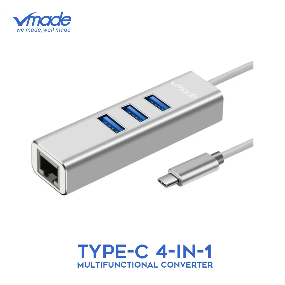 

Vmade Type-C 3*USB 3.0 HUB with RJ45 Gigabit Ethernet LAN Port Converter for PC Tablets And More Type-C Extended USB 3.0 Adapter