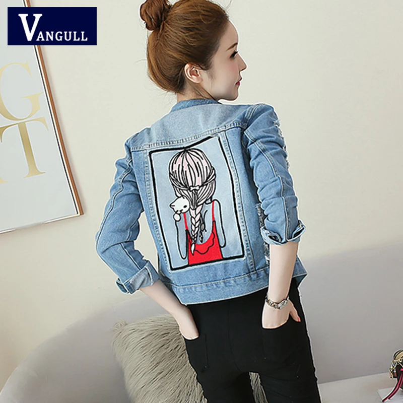 

Vangull Spring & Summer Casual Women's Clothing Short Denim Jacket Cartoon Embroidery Long Sleeve Single Breasted Slim Jean Coat