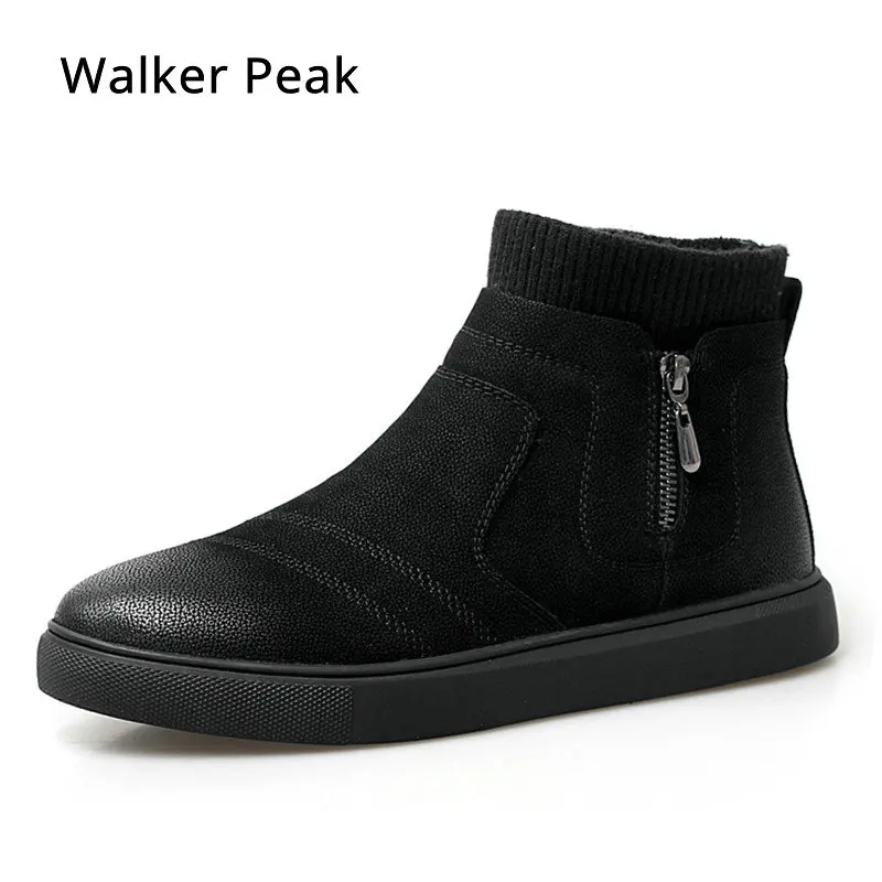 

Mens Boots Winter With Fur 2019 Warm Ankle Snow Boots for Men Genuine leather Shoes Male Footwear Fashion Rubber Walker Peak