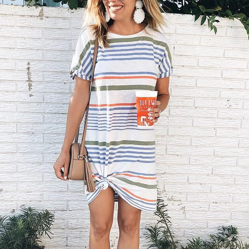 

Women Casual O-Neck Short Sleeve dress Irregular Striped Printed Loose shirt Dresses female hippie Sport dress woman summer 2019