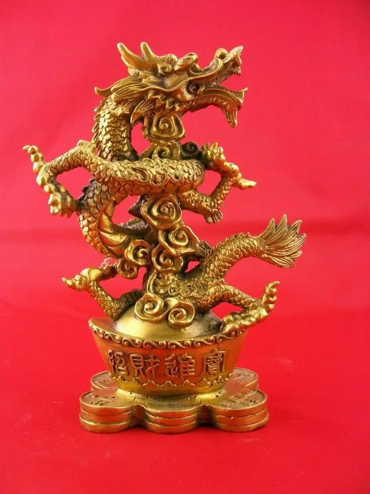 

8" China brass copper carved lucky fine ingot dragon Sculpture statue