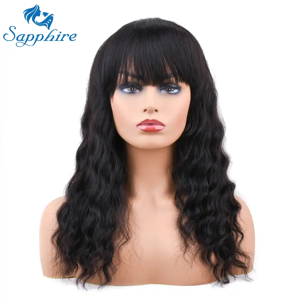 Sapphire Curly Hair Wigs Peruvian Human Hair Wigs With Bangs Non