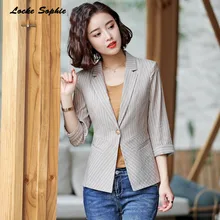 1pcs Women Plus size Blazers coats 2019 Summer cotton Single buckle stripe Small Suits jackets ladies Skinny Blazers Suits coats