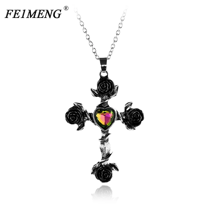 

Extraordinary Design Black Rose Cross Necklace Colorful Heart Crystal Jesus Cross Pendant Necklaces For Women Men Fashion Collar