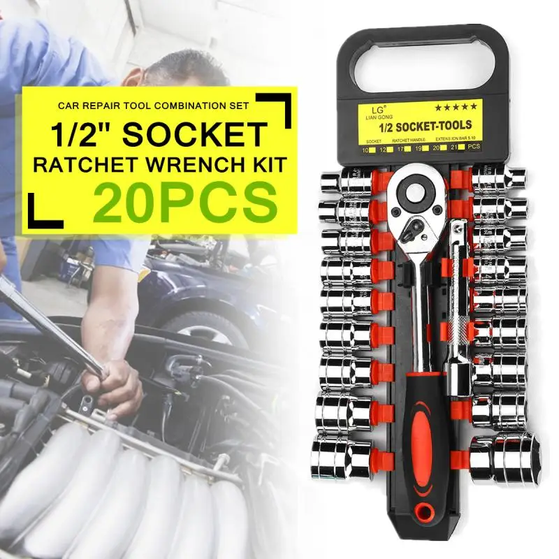 

20Pcs Metric 1/2 Socket Ratchet Wrench Chrome Vanadium Steel Car Repair Tool Kit Smooth Surface Soft Grip Handle Rust Prevention