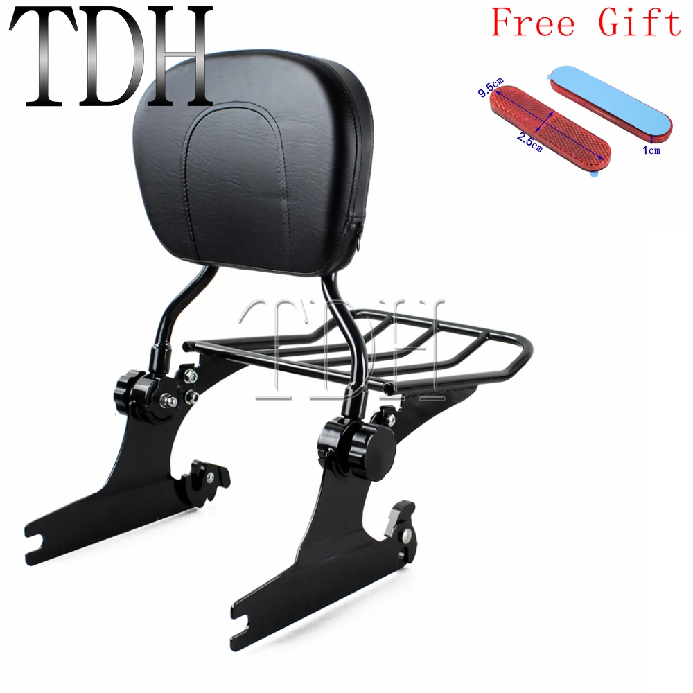 

Black Motorcycle Detachable Adjutable Backrest Sissy Bar Luggage Rack For Harley FXST FLST 05-Later W/ Red Reflector