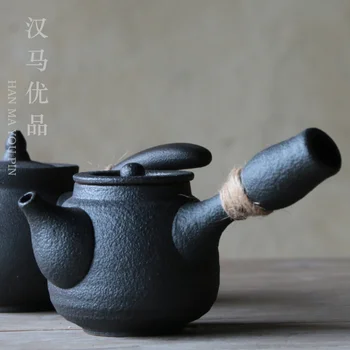 

Japanese side pot crude pottery teapot kung fu tea set single ancient pot ceramic black tea kettle Chinese teaware