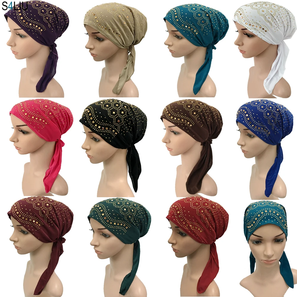 

Full Cover Rhinestone Muslim Inner Hijab Cap Women's Headwear Underscarf Islamic Head Wrap Hat Bonnet Hair Loss Long Tail New