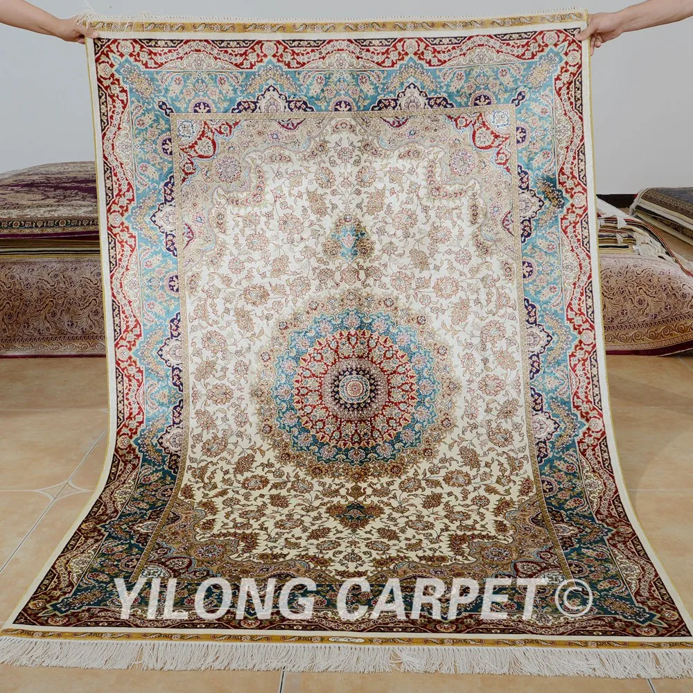 Yilong 4'x6' Handmade carpet beige medallion design vantage antique