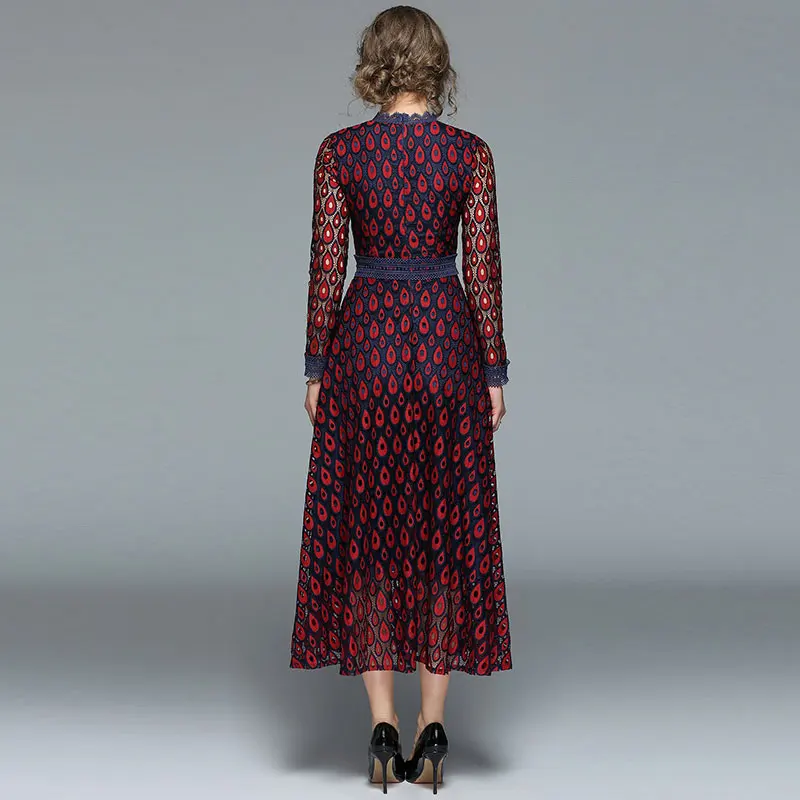 Borisovich New 2018 Spring Fashion England Style O-neck Hollow Out Lace Elegant Slim Women Casual Dresses Hot Sale Vestidos M082