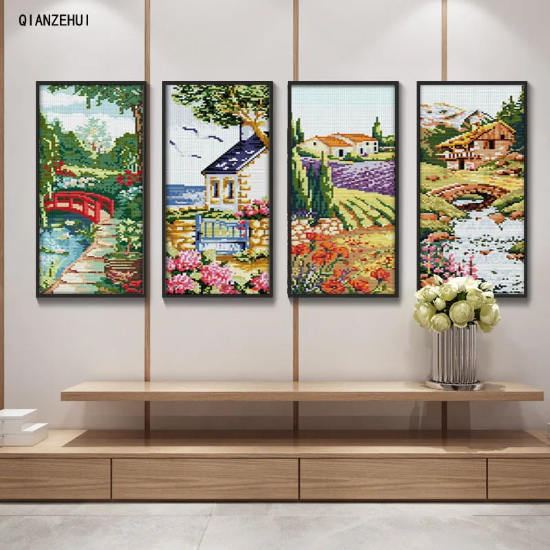 

QIANZEHUI,Needlework,DIY four Four seasons,Spring,Summer Cross stitch, Sets For Embroidery kits Cross-Stitching,Wall Home Decro