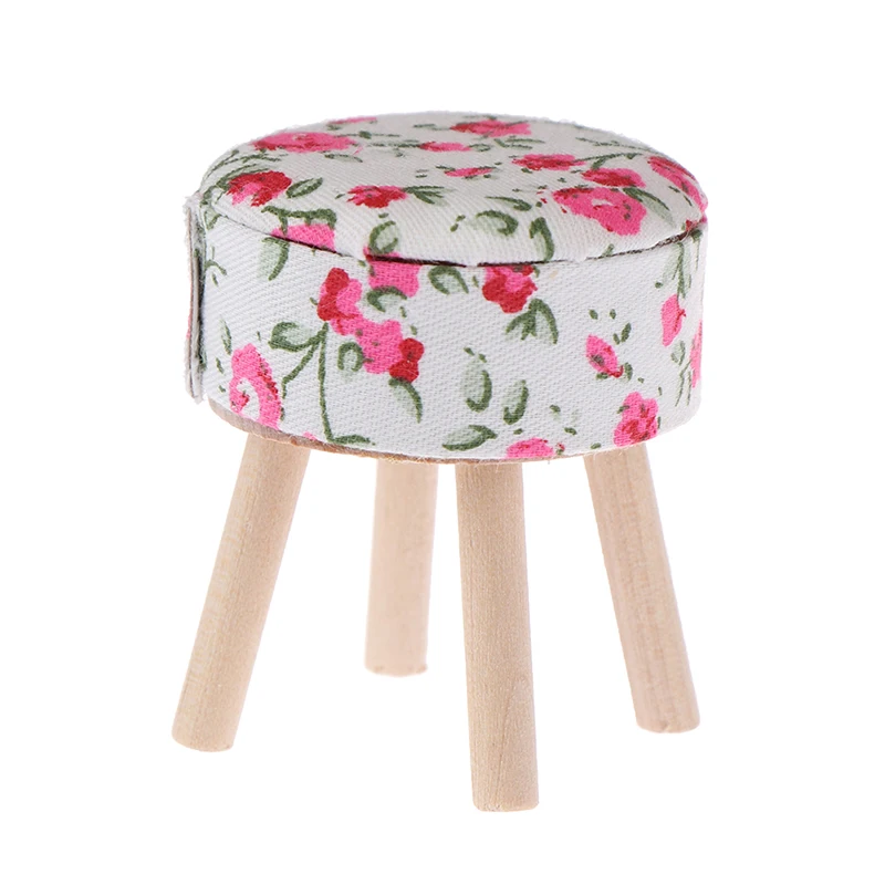 

1/12 Scale Children Pretend Play Toy Dollhouse Miniature Furniture Round Floral Stool Chair Acc for Dolls House Decor Kids
