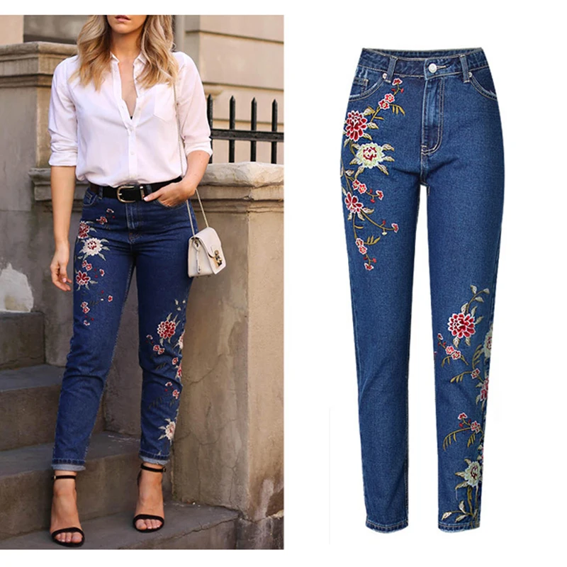 Горячая мода джинсы женская одежда прямые джинсовые штаны с 3D цветочной вышивкой штаны с высокой талией женские свободные джинсовые брюки