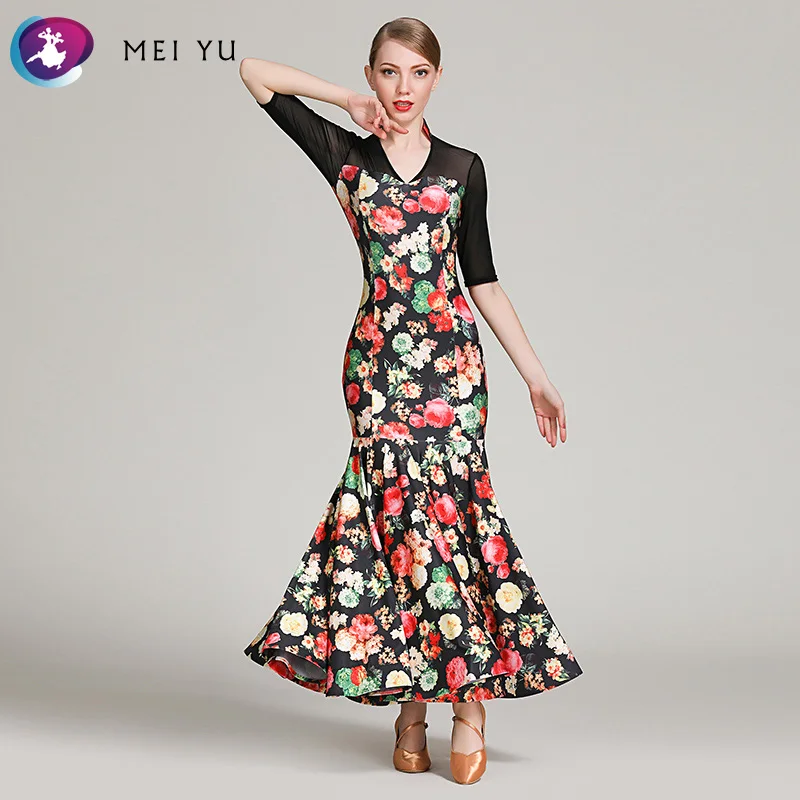 

YILINFEIER 1861 Middle Sleeve Stand Collar Printed Modern Dance National Standard Dance Skirt