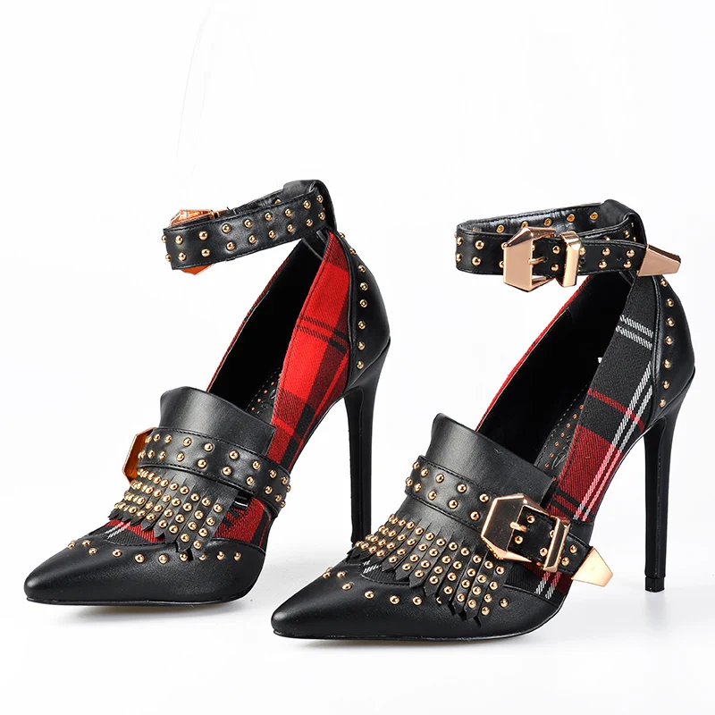 Rosa Jane red Bombas Palmas Correa Mujer Tobillo Tartan Con Black Vestido De Remaches Mujeres Mary Tacones Las Zapatos Alto El Hebilla En Plaid 8rrnEB
