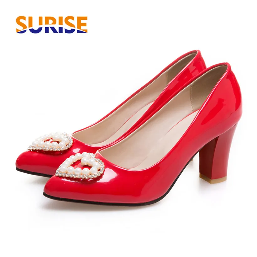 

Women Pumps Block Thick High Heels Patent Leather Faux Pearl Heart Rhinestone Red Black Casual Dress Party Wedding Ladies Shoes