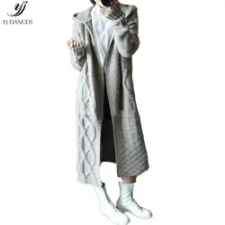 Трикотажный кардиган Для женщин куртка осень-зима 2018 новая мода высокое качество Twist Hooded толстый длинный свитер пальто HJB355