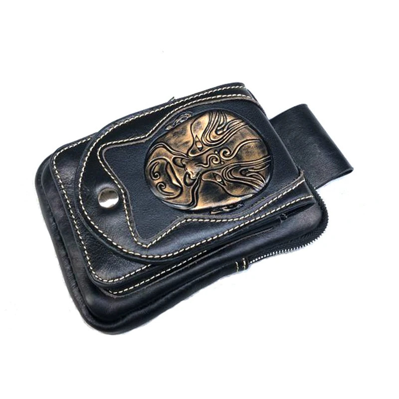 

Motorcycle Genuine Lether Saddle Bags Tool Pouch Side Bag Storage With Mask Logo For Harley Chopper Cruisers Custom Applications