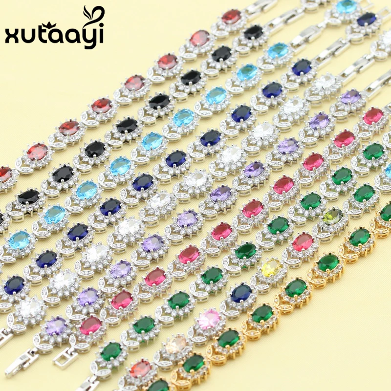 

New Flower Multi Color Stones Cubic Zirconia Sterling Silver Jewelry Overlay Adjustable Link Chain Bracelet length 18+3 cm