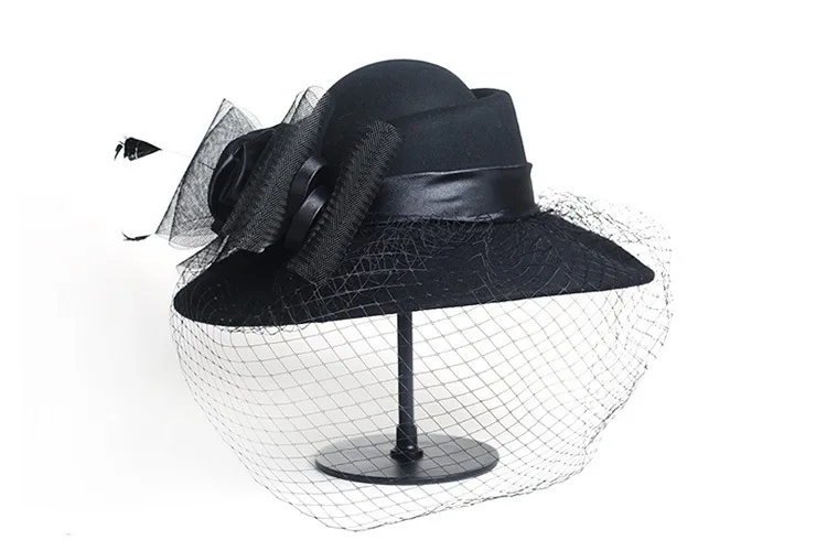 Women Floppy Hat Wool Floral Veil 