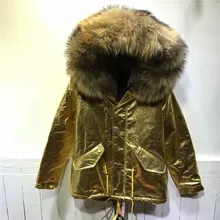 Модные толстые теплые Для женщин зимняя куртка натуральный цвет воротник из меха енота с подкладкой из искусственного меха куртка золото Искусственная кожа парка