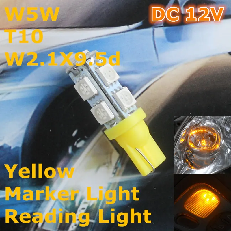 

12V LED Yellow Color Car Bulb Lamp T10(9*5050 SMD)W5W W2.1x9.5d for Signal Top Reading Width Parking Light