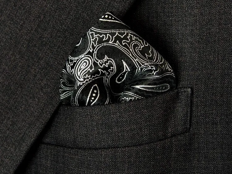 2017 Free Shipping New Paisley Black White Hanky 100 Silk Mens Pocket